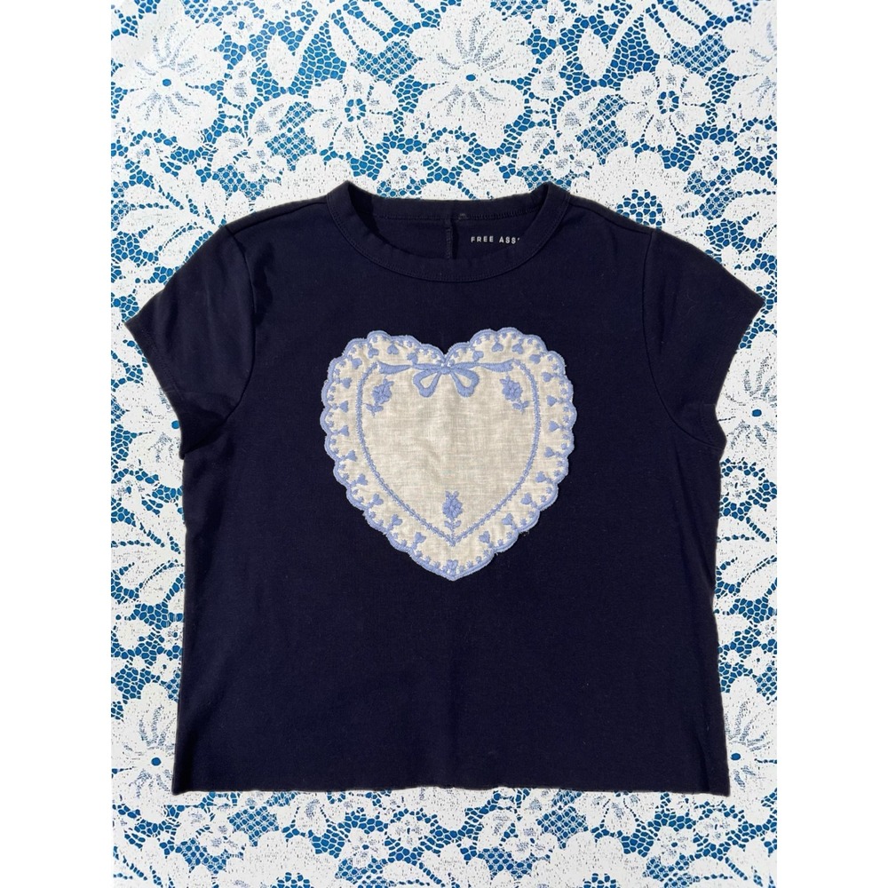 Upcycled Handmade Navy Baby Tee Vintage Embroidered Heart Appliqué Coquette Top
